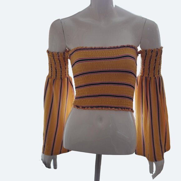 COPY - Revamped yellow bell sleeves crop top off shoulder stripes size M - Picture 3 of 3